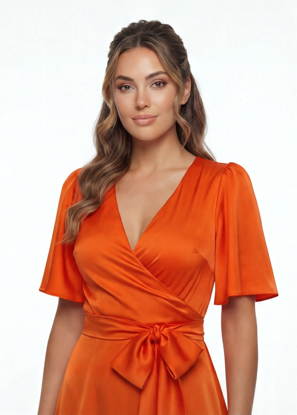 Orange Silk Wrap Bridesmaid Dress with Flutter Sleeve