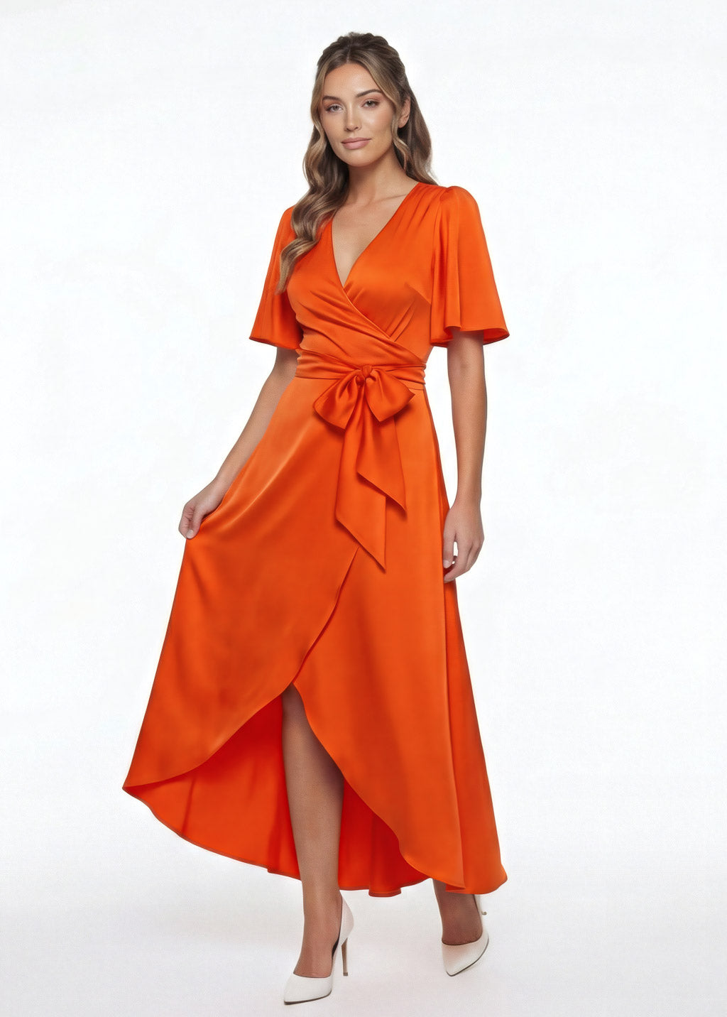 Orange Silk Wrap Bridesmaid Dress with Flutter Sleeve