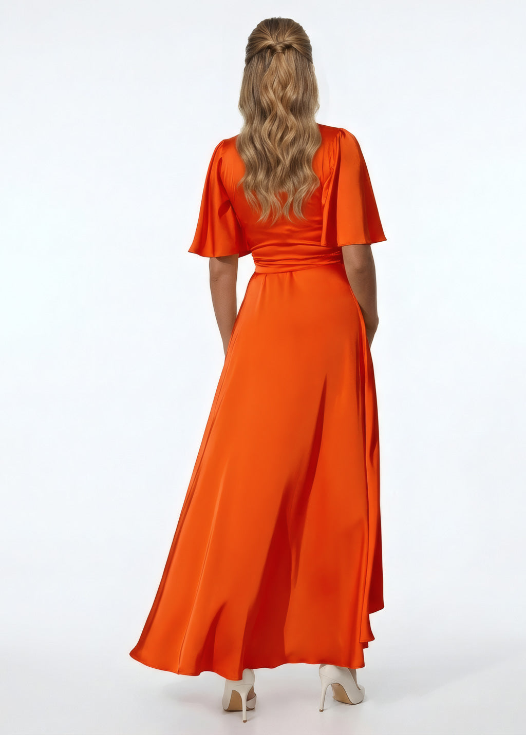 Orange Silk Wrap Bridesmaid Dress with Flutter Sleeve