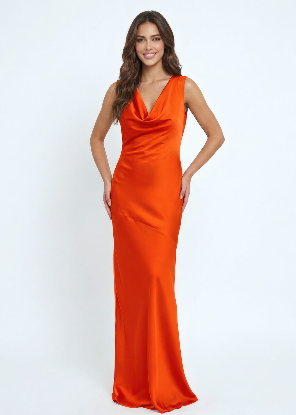 Orange long cowl bridesmaid dress