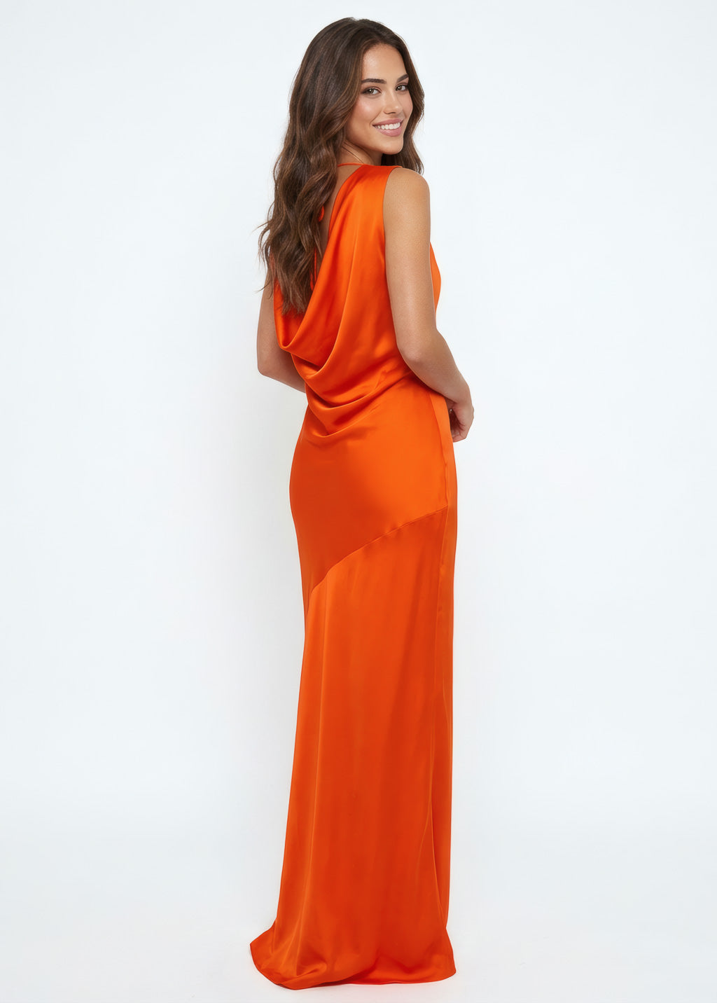 Orange long cowl bridesmaid dress