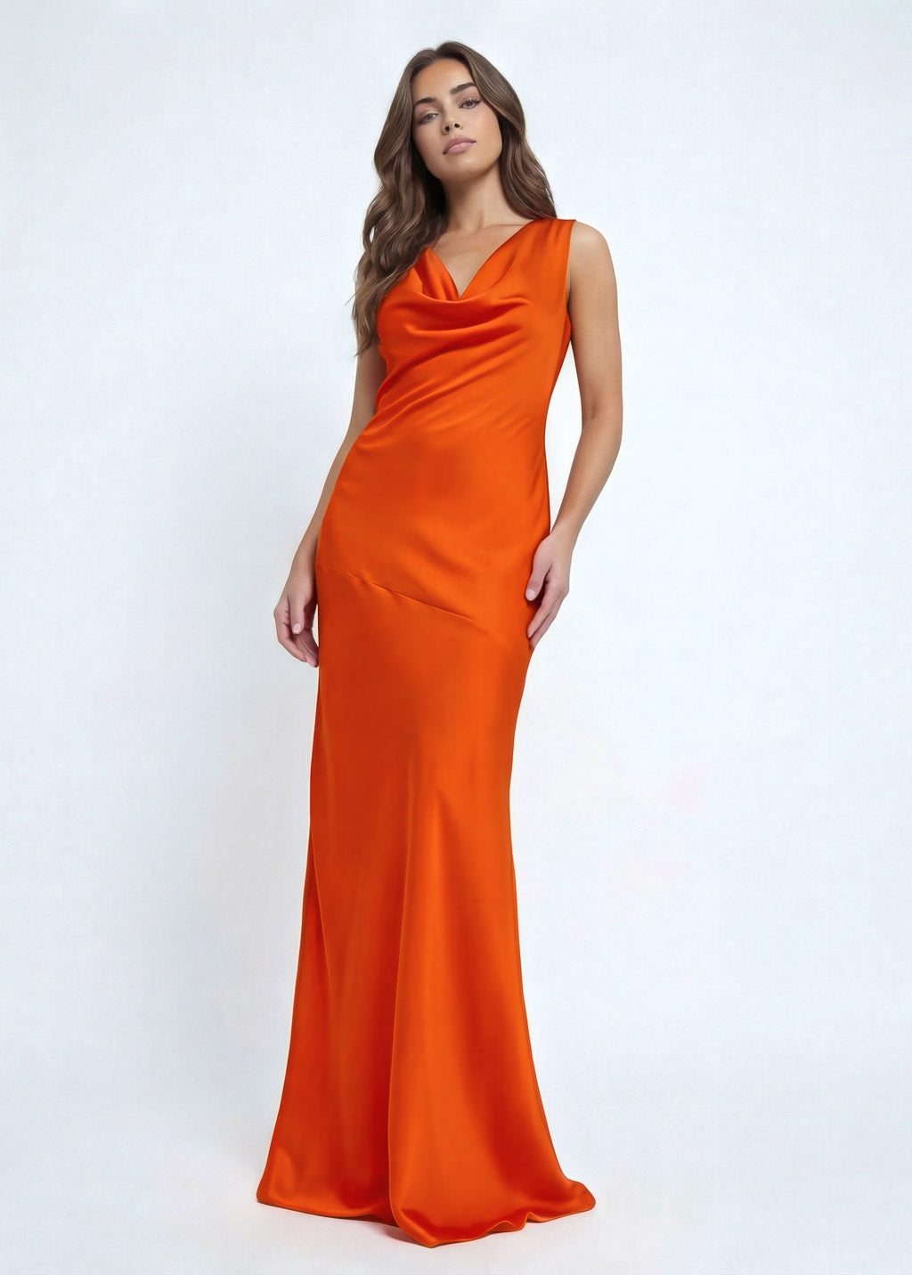 Orange long cowl bridesmaid dress