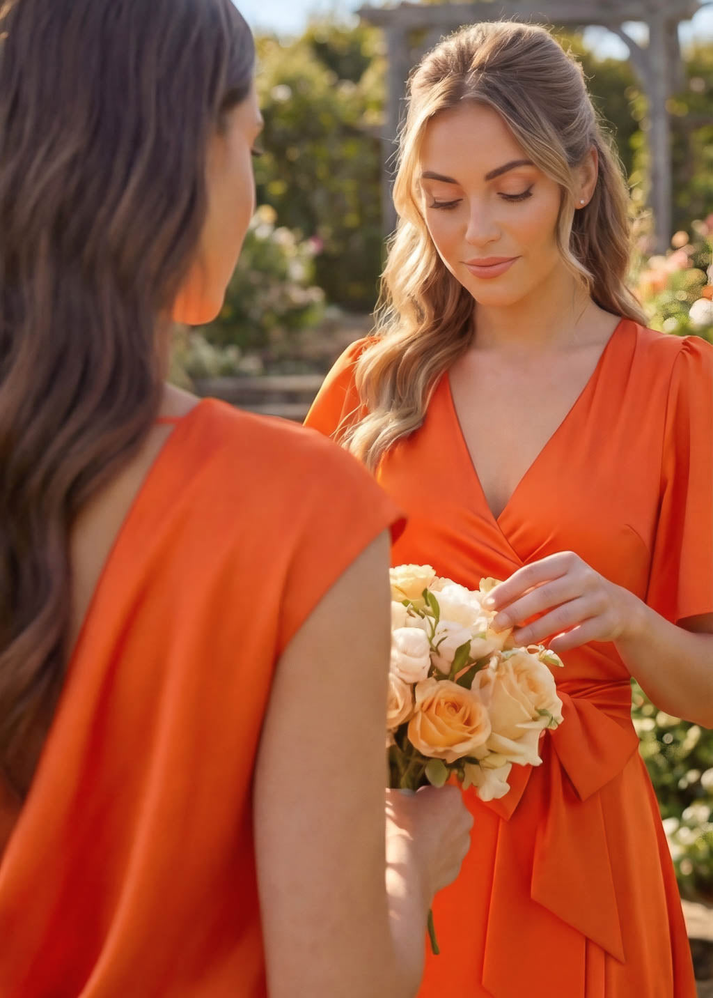 Orange Silk Wrap Bridesmaid Dress with Flutter Sleeve