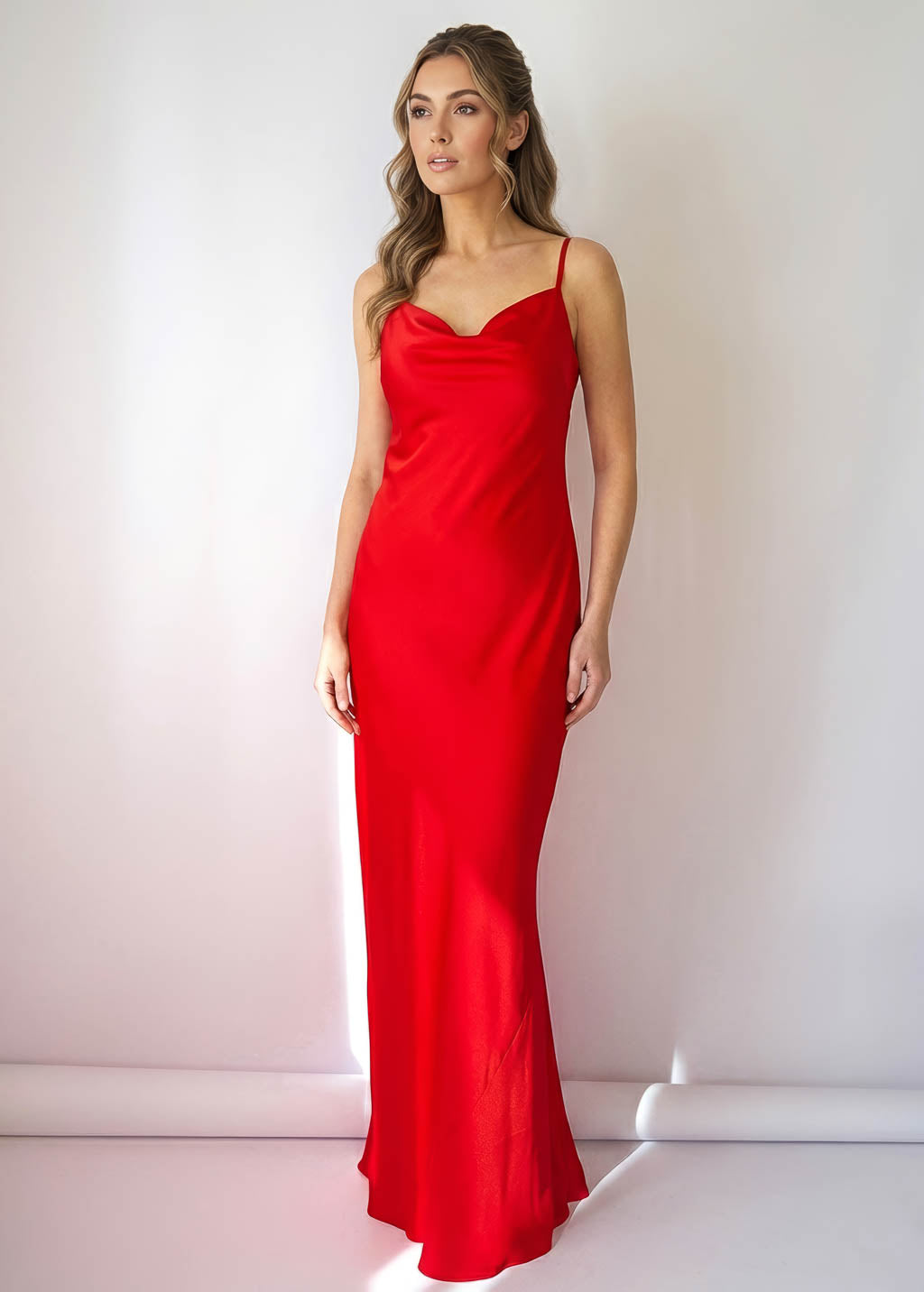 Red Bias Cut Silk Satin Maxi Dress with Belt & Silk Flower