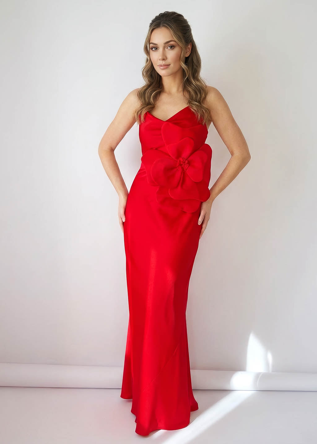 Red Bias Cut Silk Satin Maxi Dress with Belt & Silk Flower