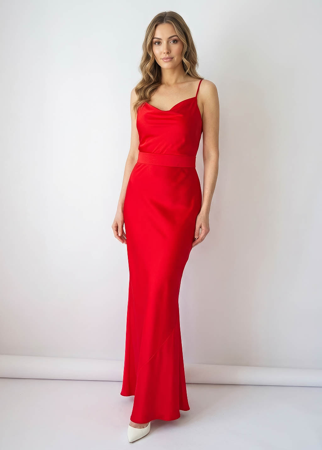 Red Bias Cut Silk Satin Maxi Dress with Belt & Silk Flower