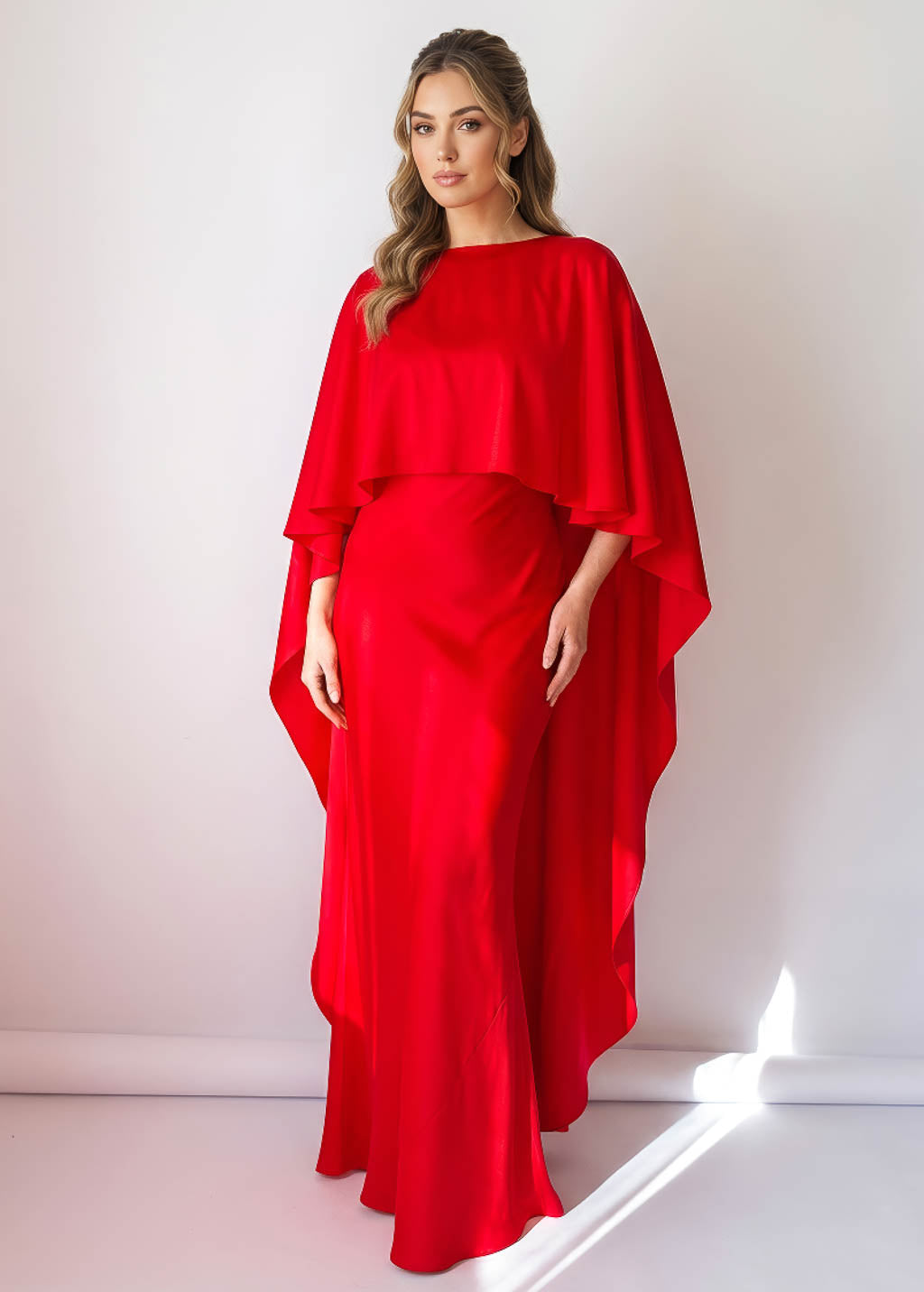 Red Bias Cut Silk Satin Maxi Dress with Silk Cape