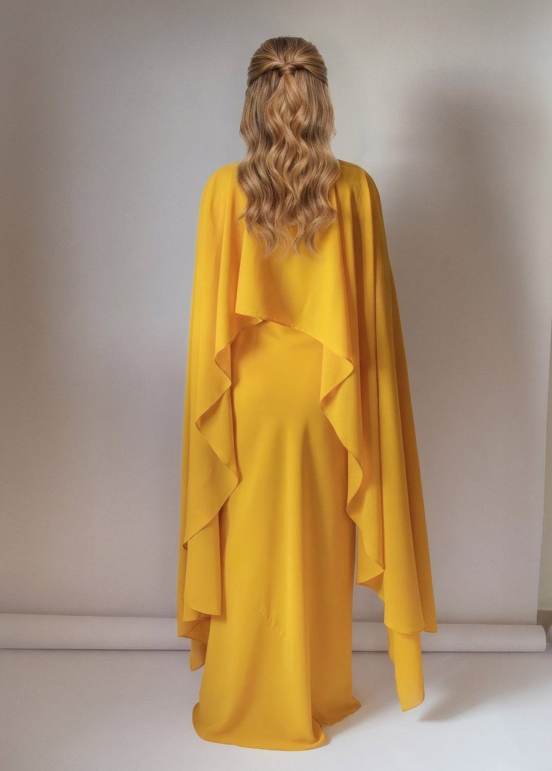 Gold Chiffon Cape Maxi Dress