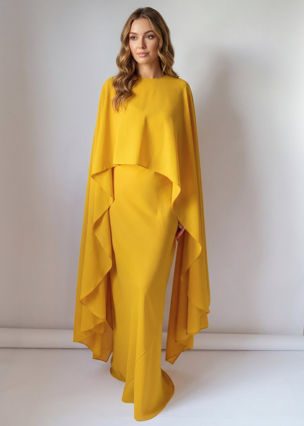 Gold Chiffon Cape Maxi Dress