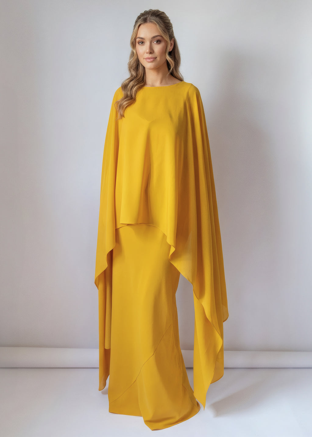 Gold Chiffon Cape Maxi Dress