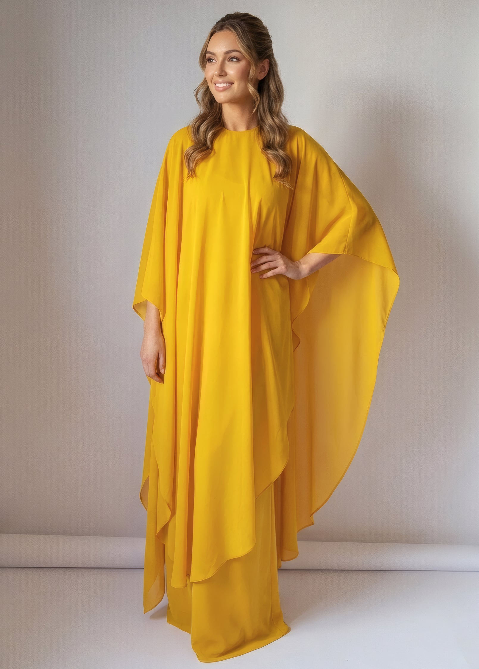 Gold Chiffon Cape Maxi Dress
