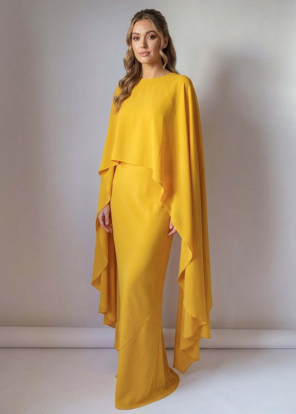 Gold Chiffon Cape Maxi Dress