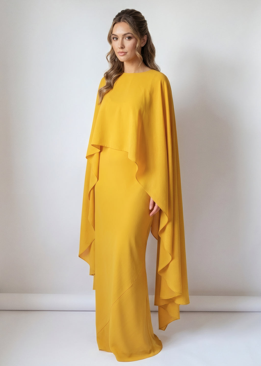 Gold Chiffon Cape Maxi Dress