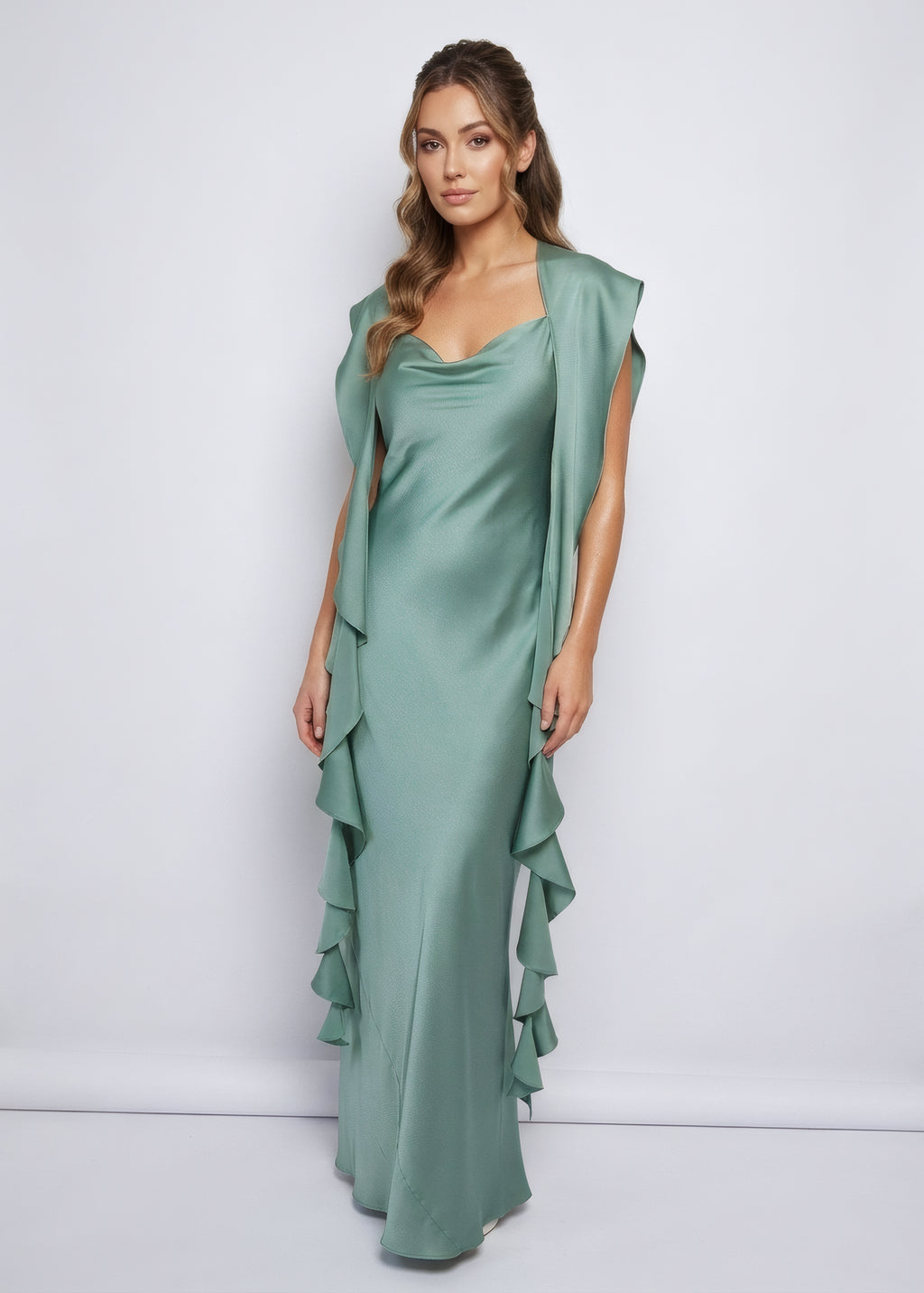 Sage Green Bias Cut Silk Satin Maxi Dress with Scarf