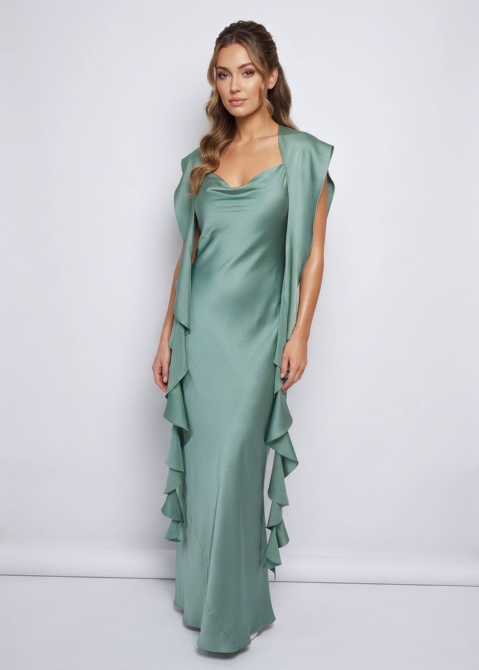 Sage Green Bias Cut Silk Satin Maxi Dress with Scarf