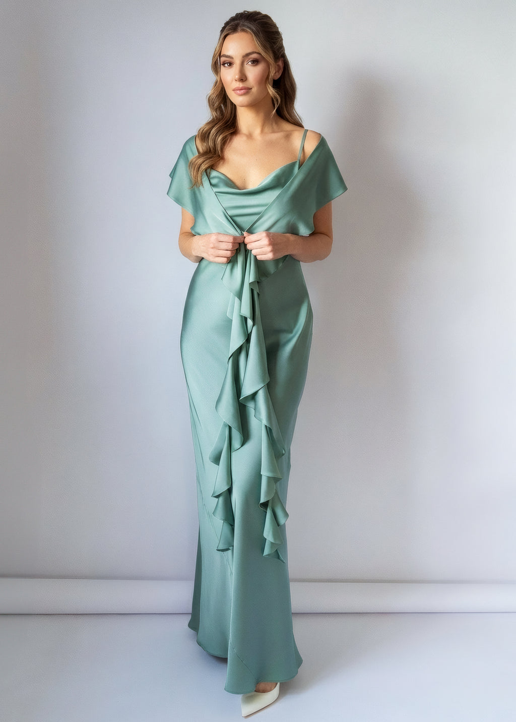 Sage Green Bias Cut Silk Satin Maxi Dress with Scarf