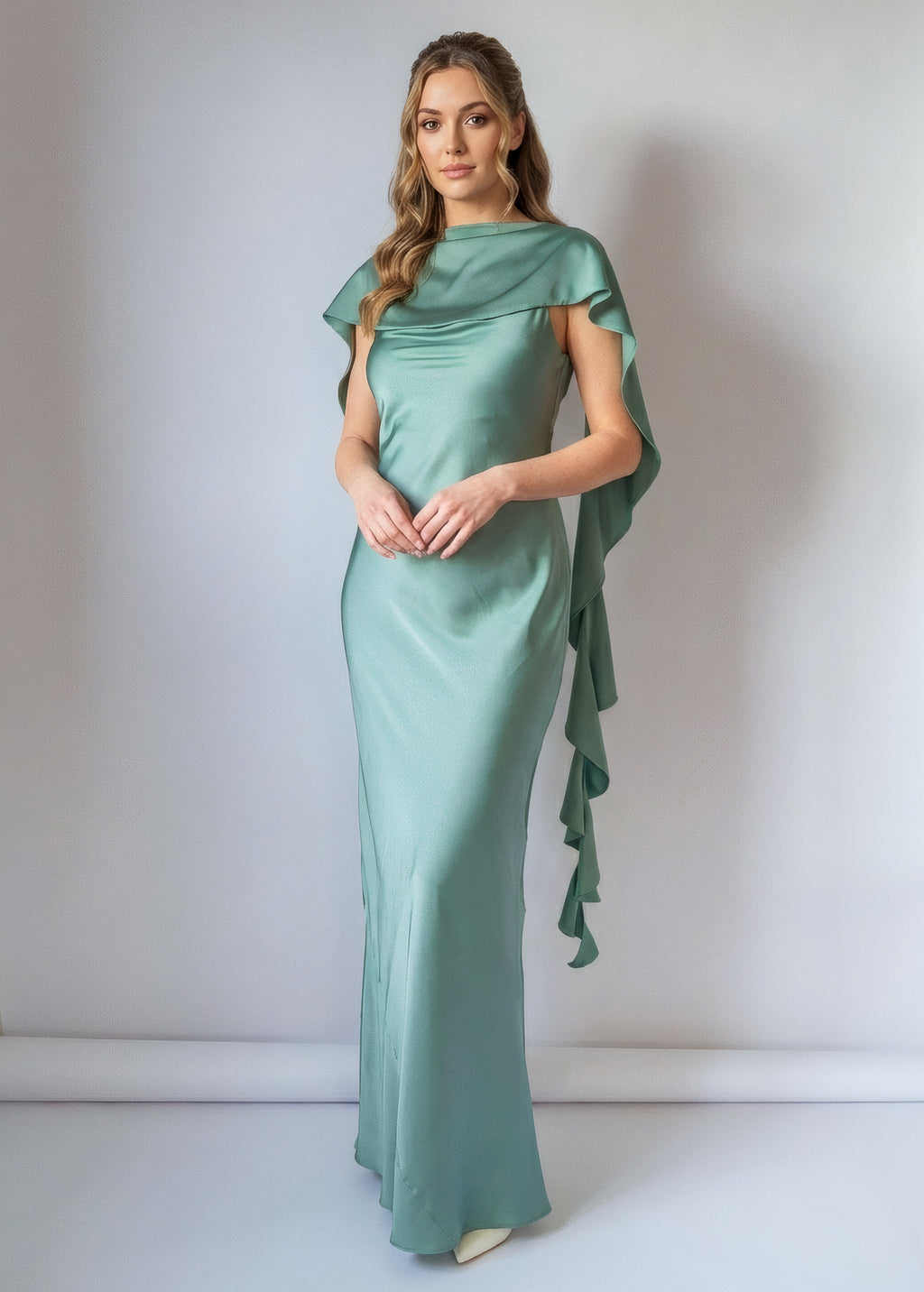Sage Green Bias Cut Silk Satin Maxi Dress with Scarf