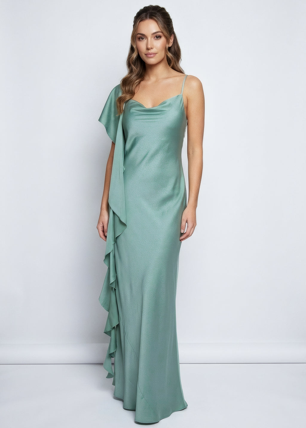 Sage Green Bias Cut Silk Satin Maxi Dress with Scarf