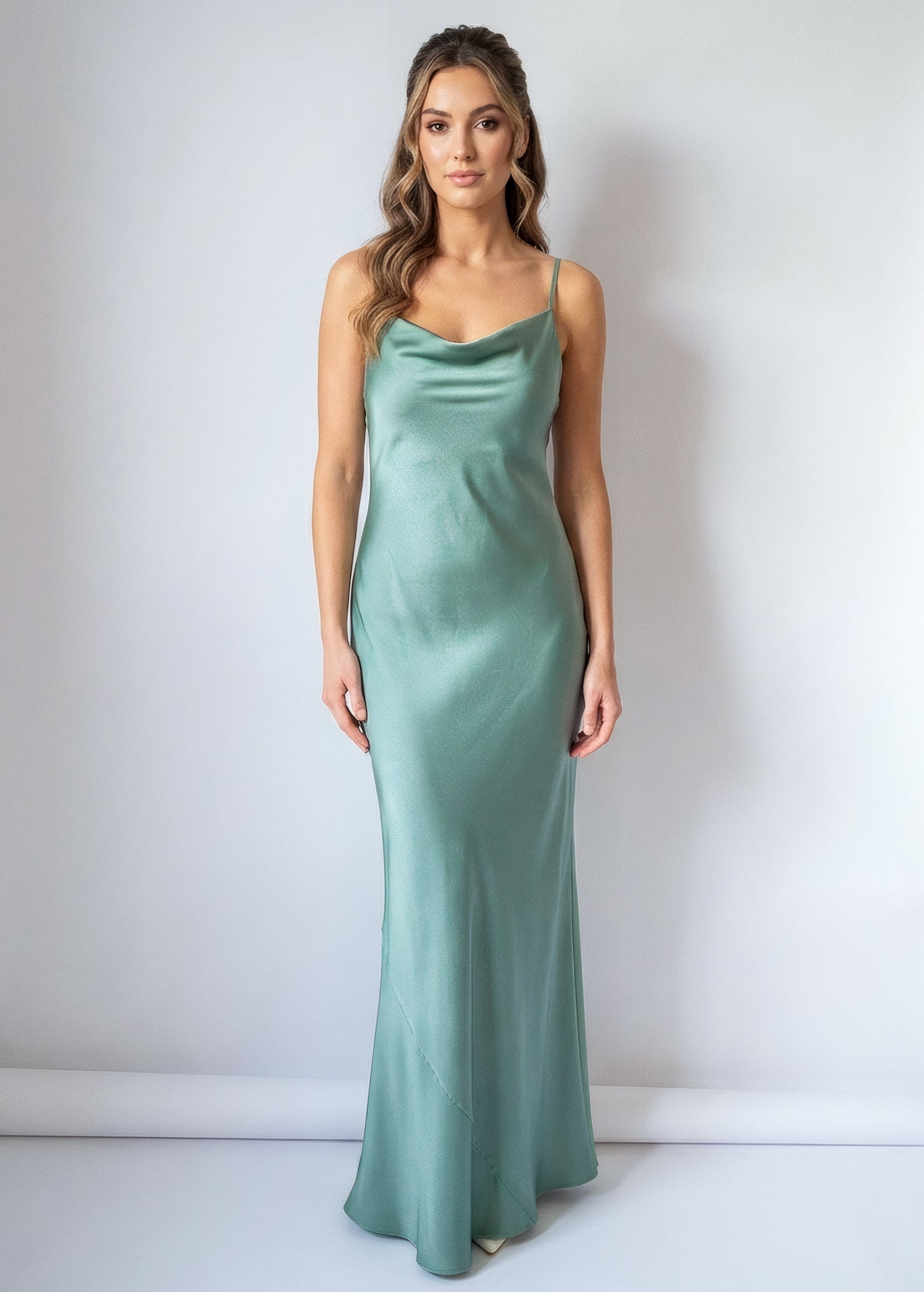 Sage Green Bias Cut Silk Satin Maxi Dress