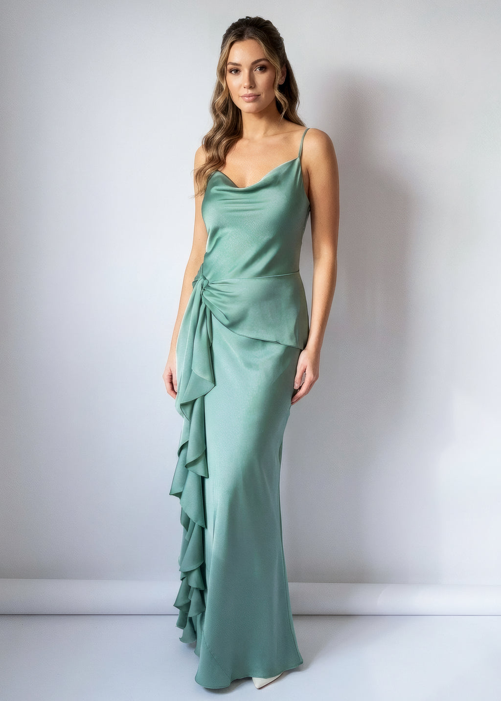 Sage Green Bias Cut Silk Satin Maxi Dress with Scarf