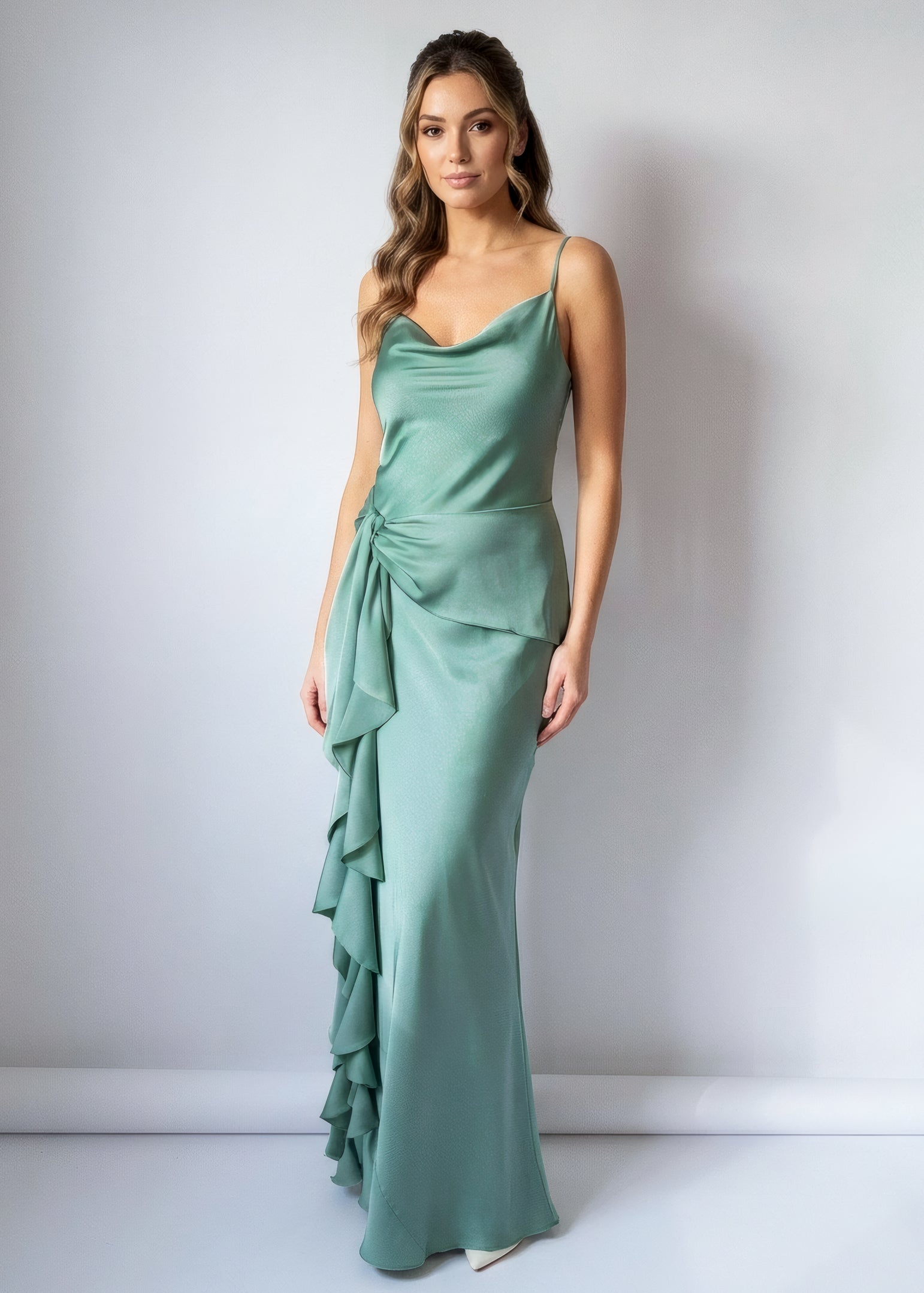 Sage Green Bias Cut Silk Satin Maxi Dress with Scarf