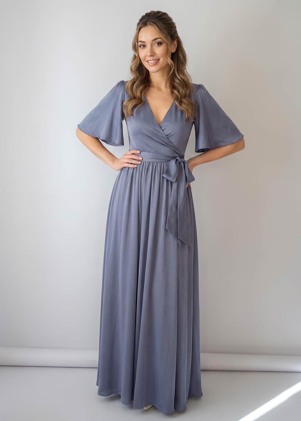 Grey Silk Wrap Dress with Flutter Sleeve & Pleated Skirt