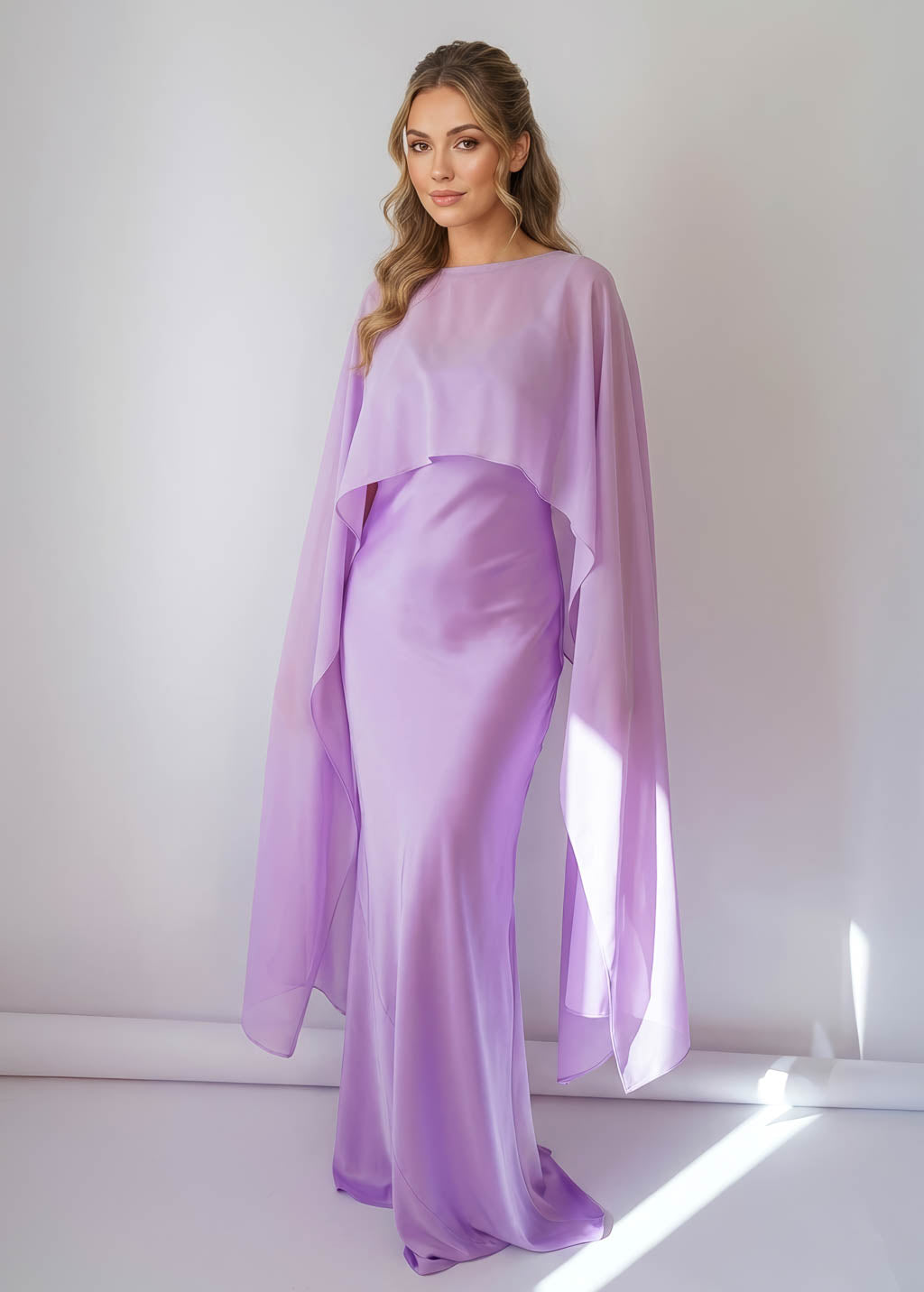 Lilac Bias Cut Silk Satin Maxi Dress with Chiffon Cape