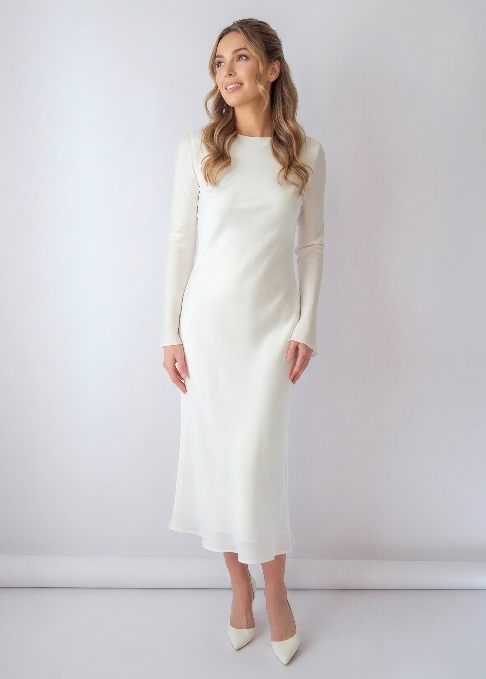 Bias Cut Ivory Silk Dress with Long Sleeves