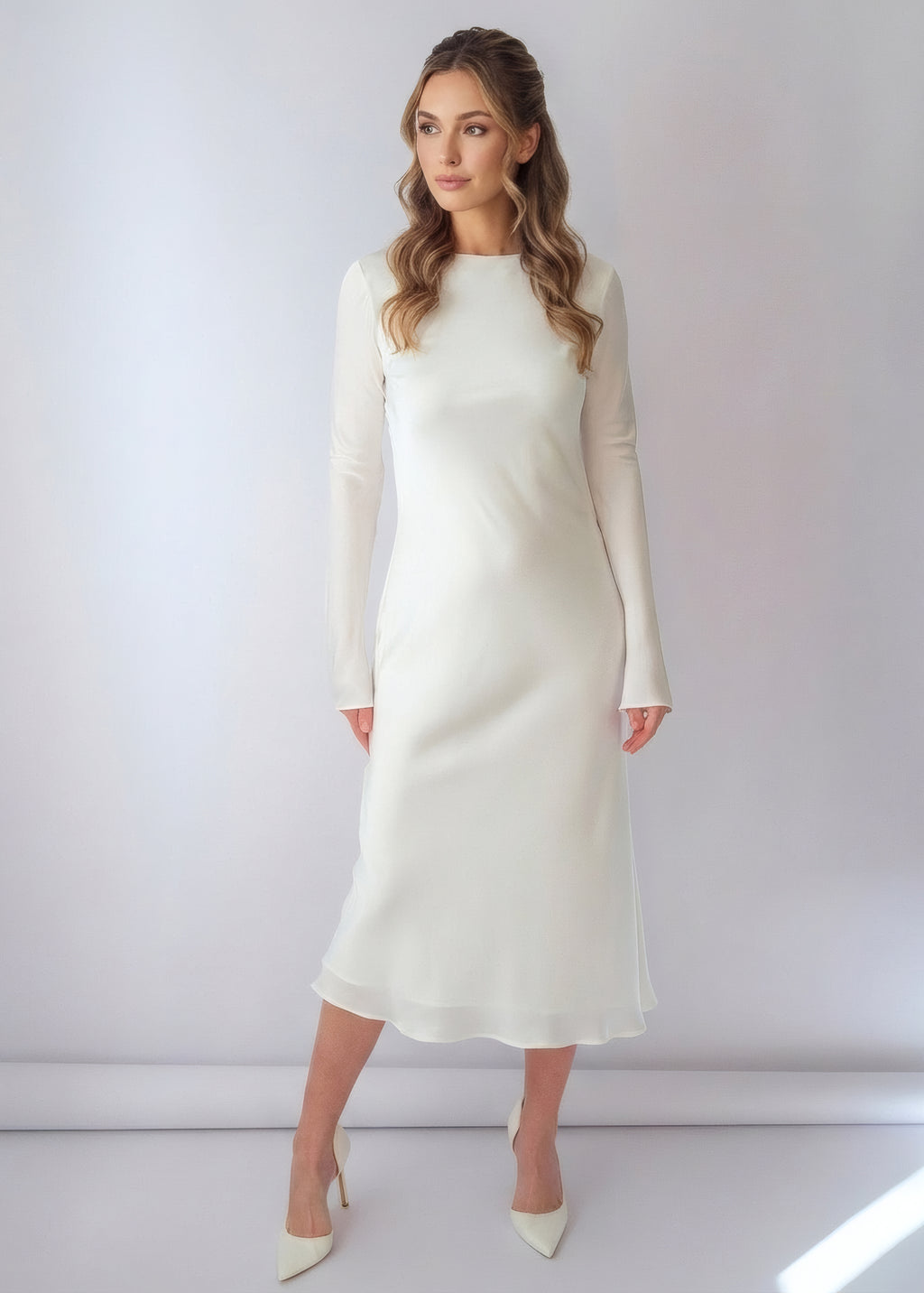 Bias Cut Ivory Silk Dress with Long Sleeves