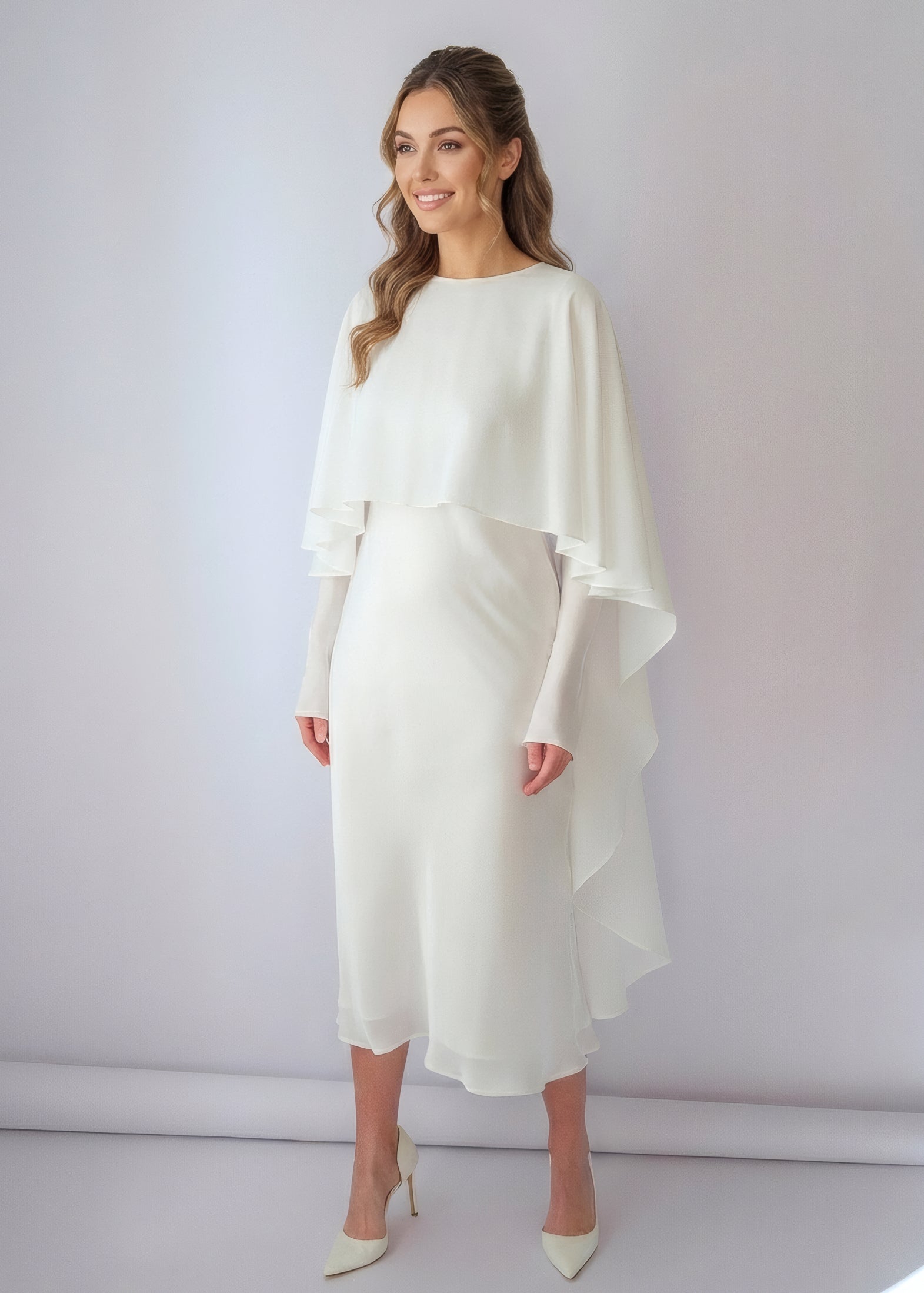 Ivory Silk Wedding Dress with Detachable Chiffon Cape