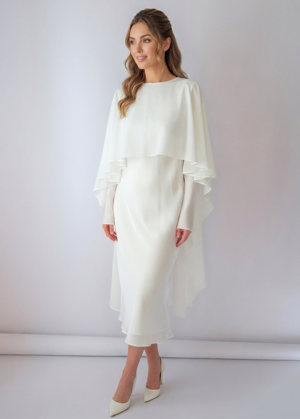 Ivory Silk Wedding Dress with Detachable Chiffon Cape