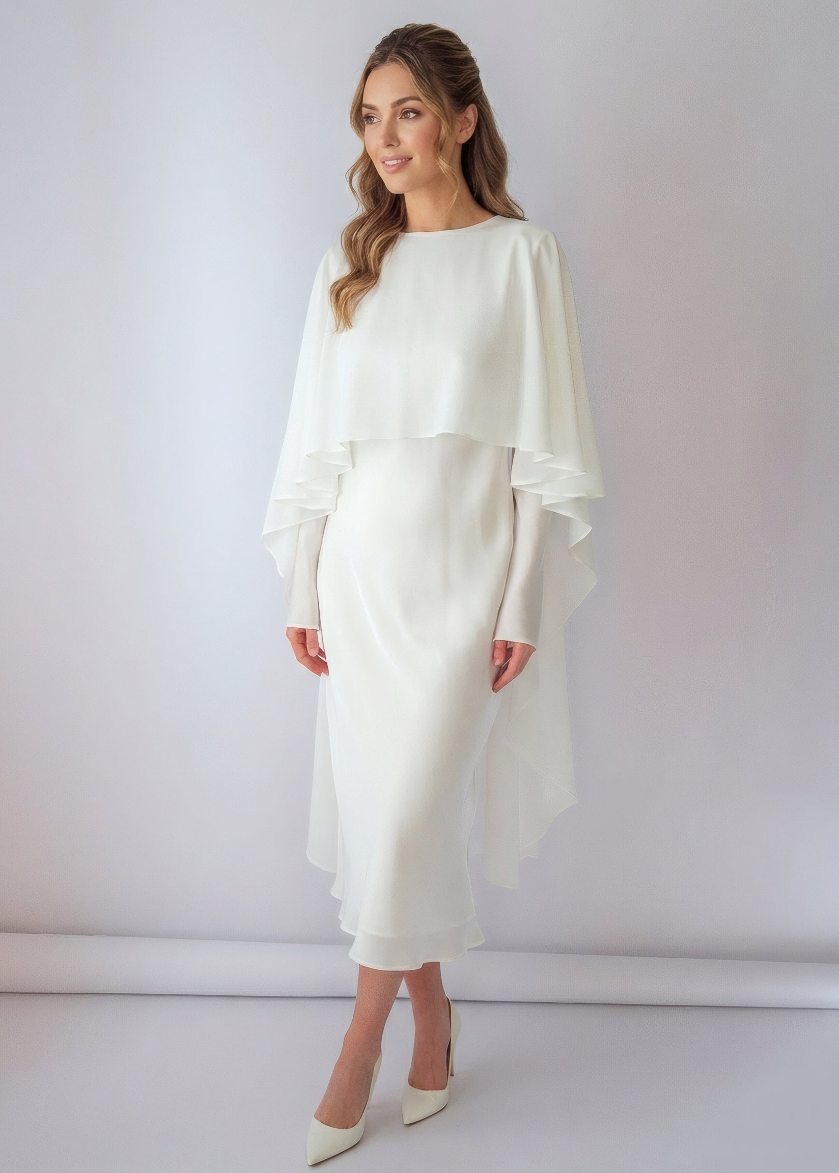 Ivory Silk Wedding Dress with Detachable Chiffon Cape