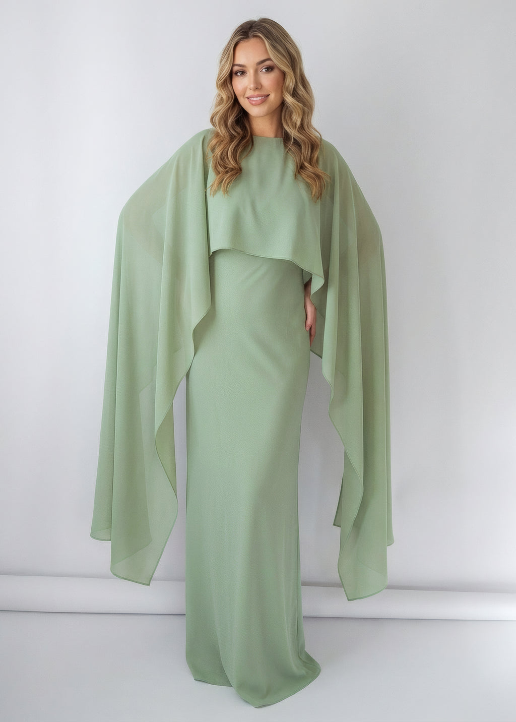 Sage Green Chiffon Long Dress with Cape