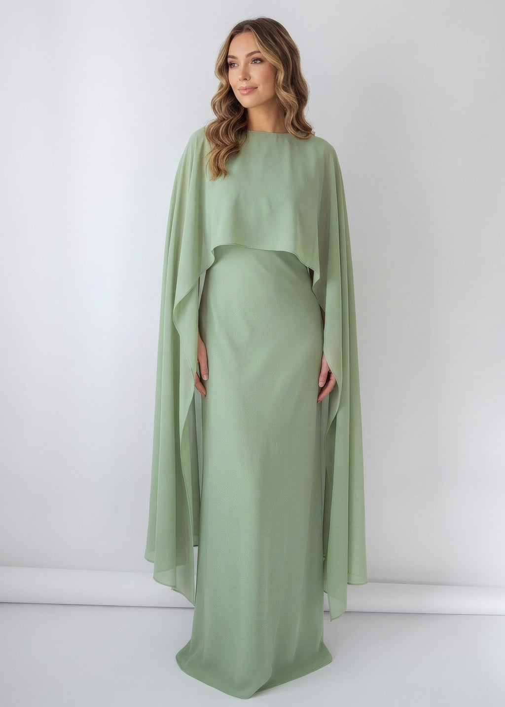 Sage Green Chiffon Long Dress with Cape