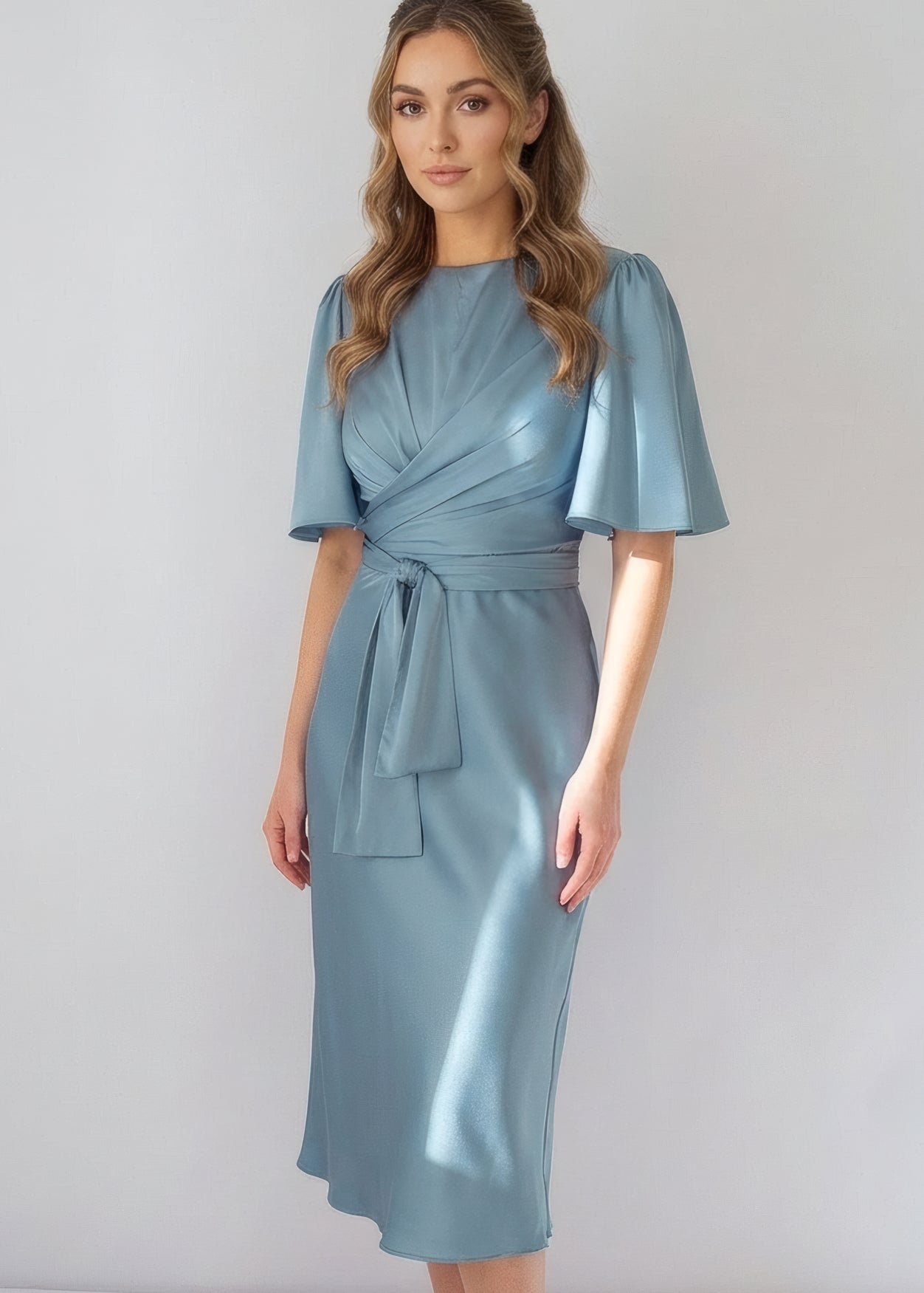 Silk midi dress in Dusty Blue with flutter sleeves and versatile belt tie