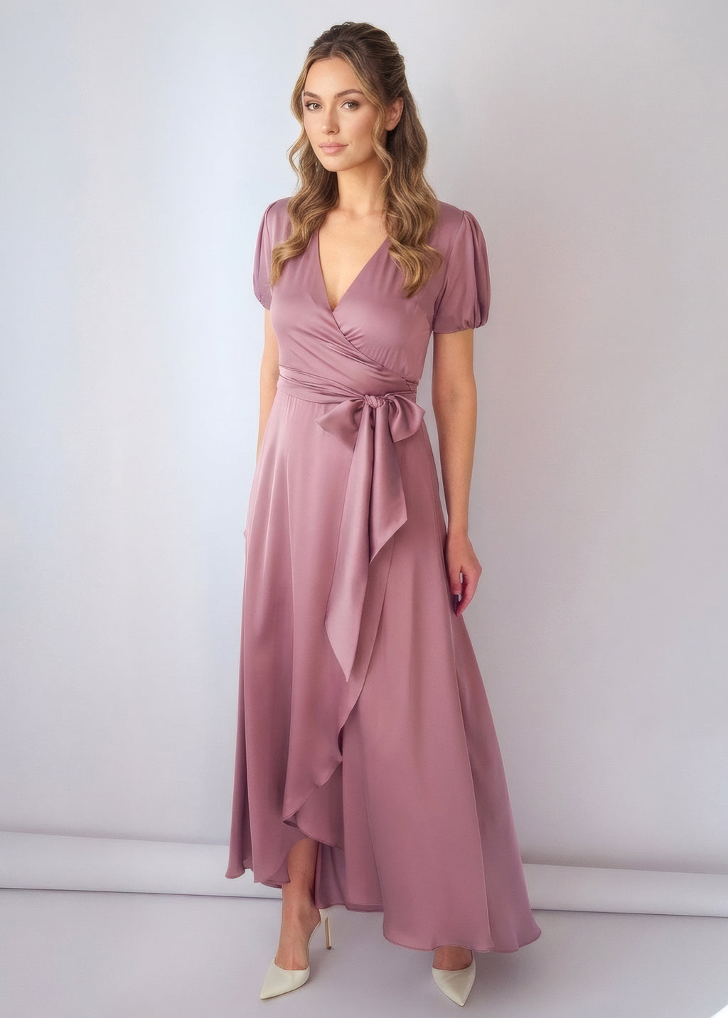 Champagne Rose Silk Wrap Dress with Puff Sleeve