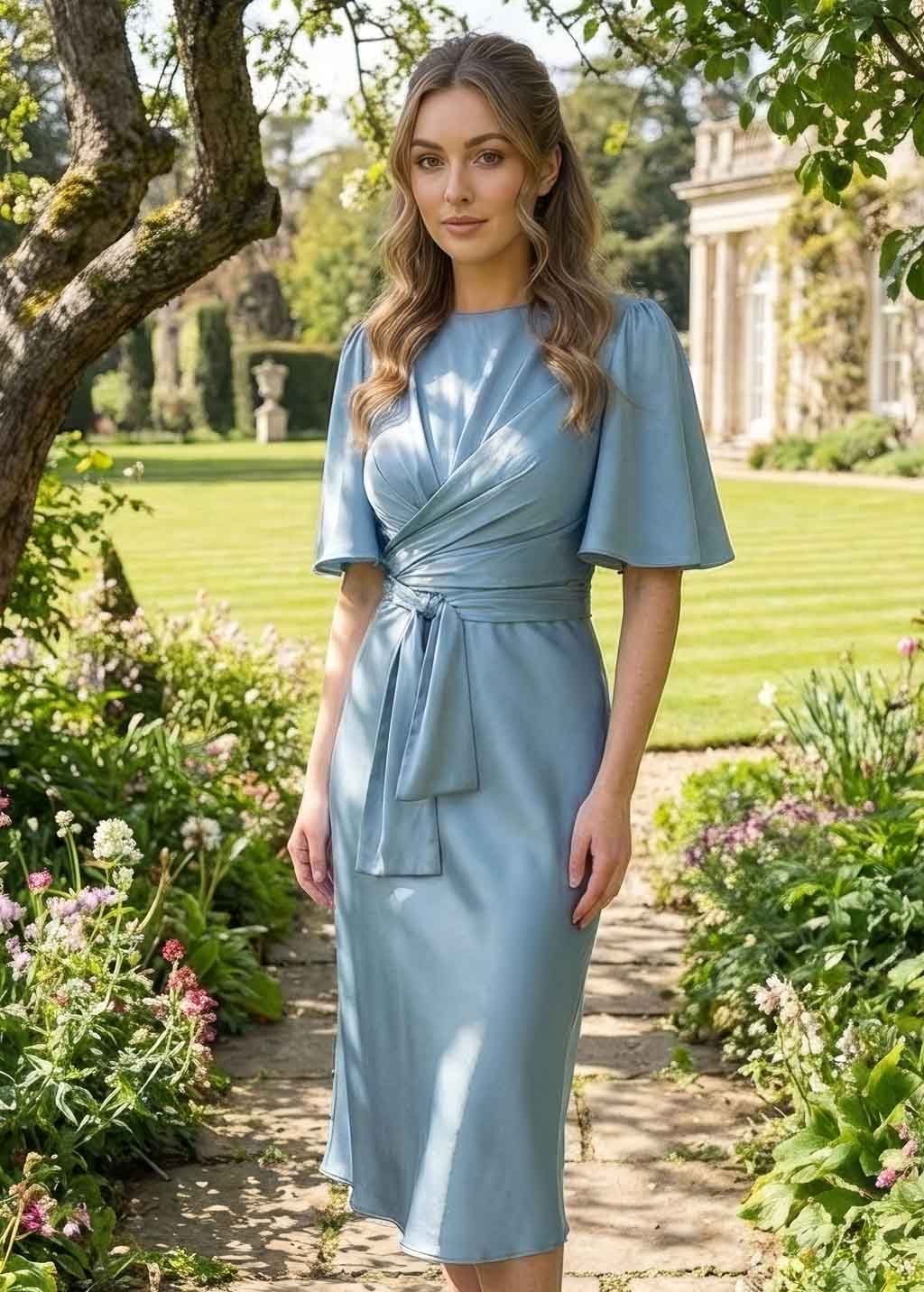 Silk midi dress in Dusty Blue with flutter sleeves and versatile belt tie