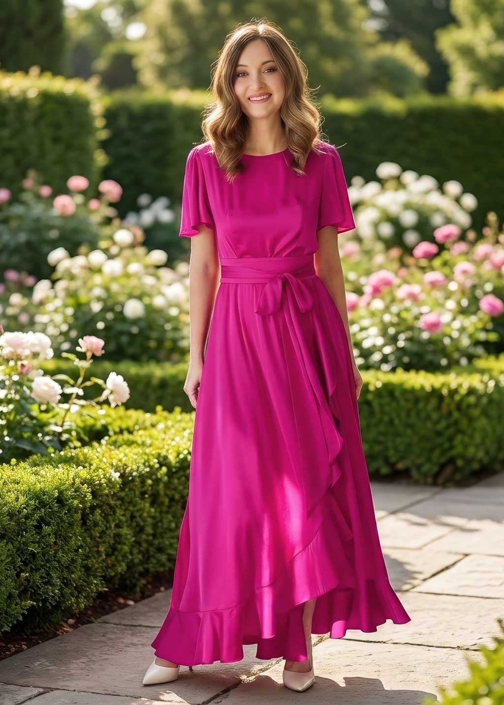 Fuchsia Silk Ruffle Dress with Belt
