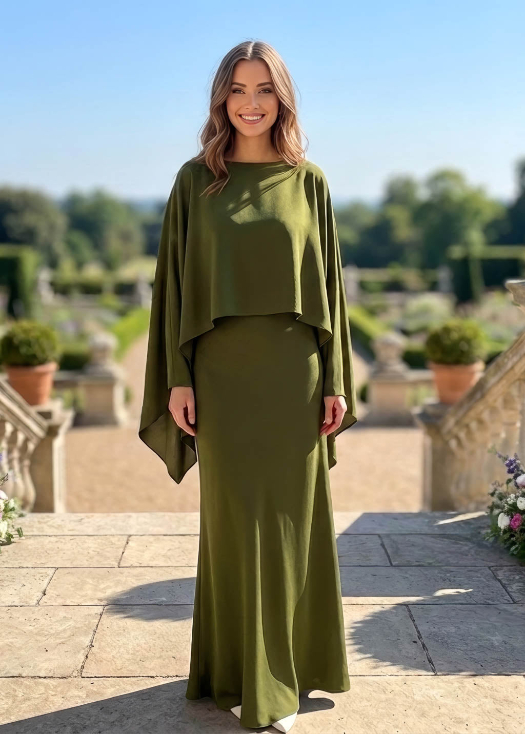 Olive Green Chiffon Long Dress with Cape