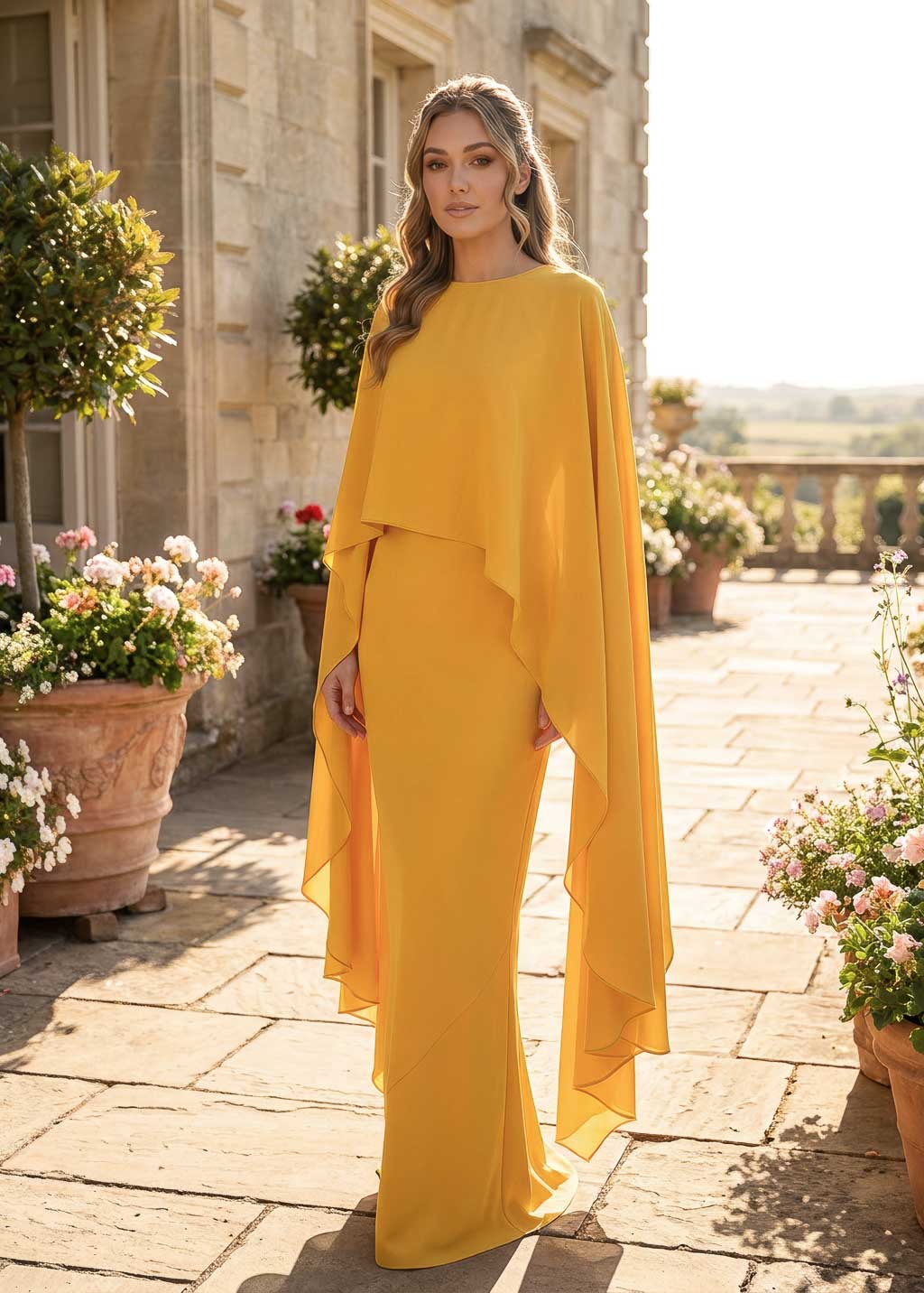 Gold Chiffon Cape Maxi Dress