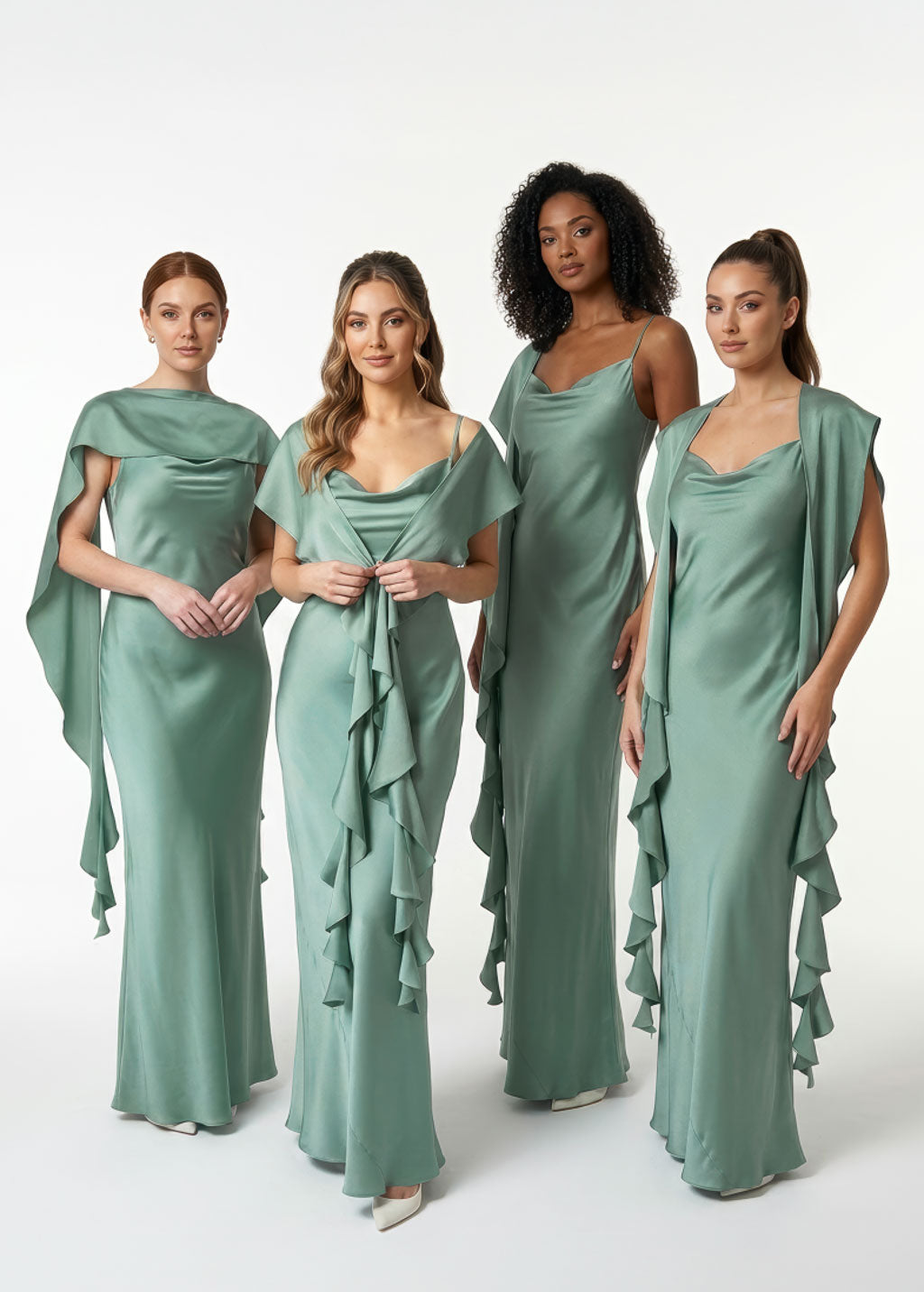 Sage Green Bias Cut Silk Satin Maxi Dress with Scarf