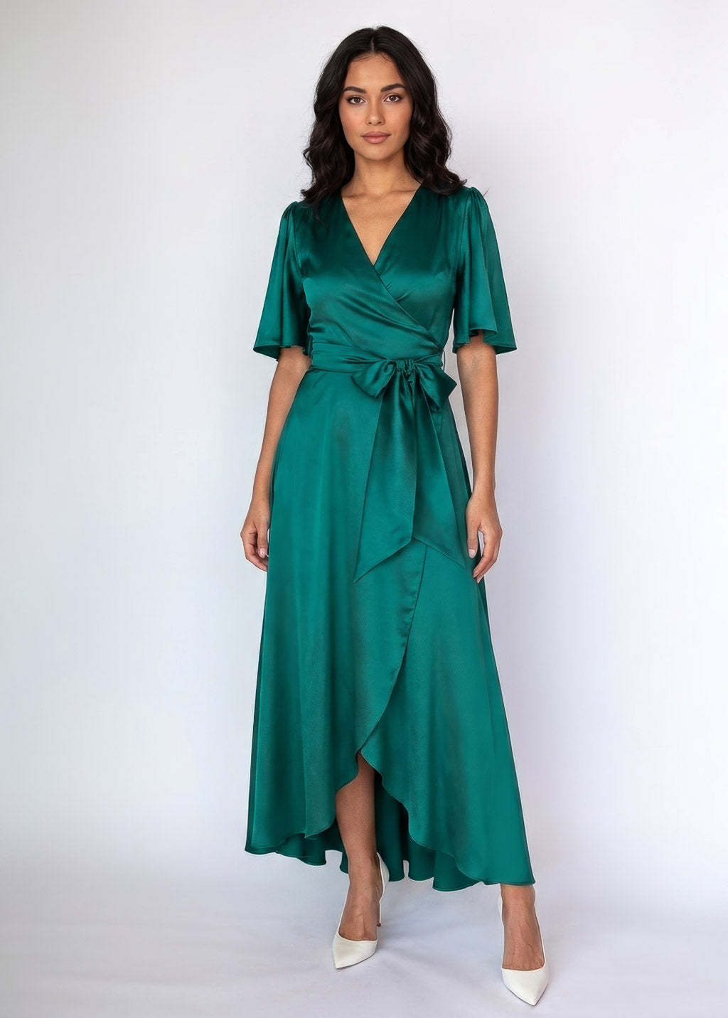 Dark Green Silk Wrap Dress with Flutter Sleeve