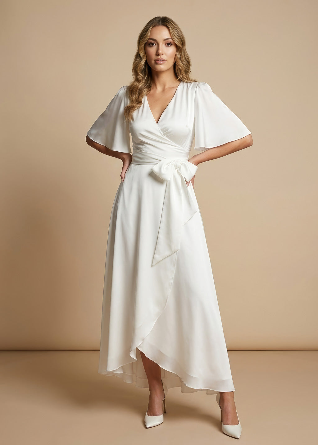 Ivory Silk Wrap Dress with Flutter Sleeve