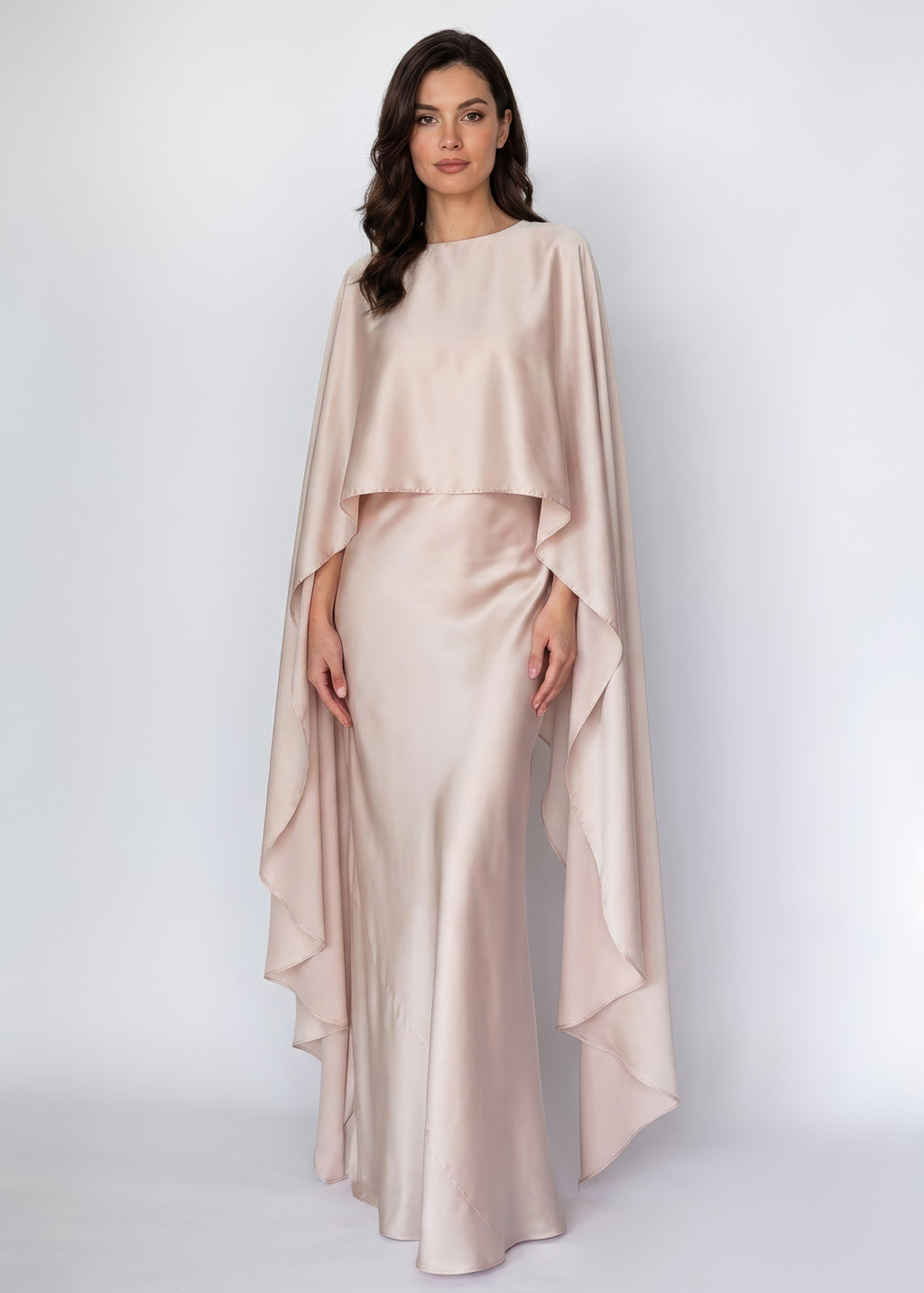Light Champagne Silk Dress & Detachable Cape
