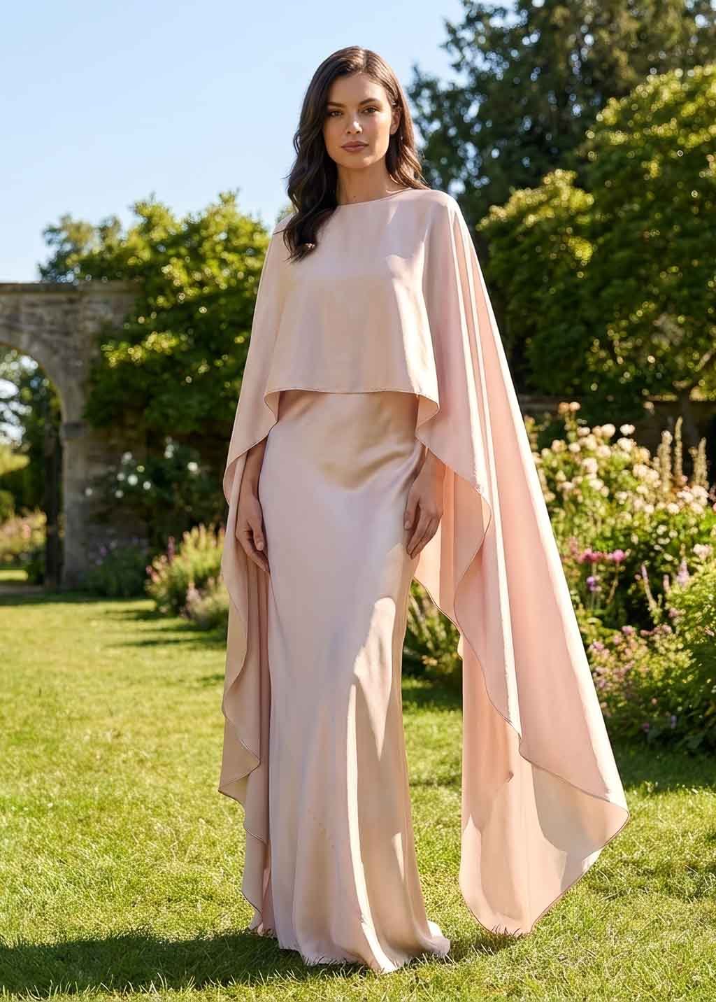 Light Champagne Silk Dress & Detachable Cape