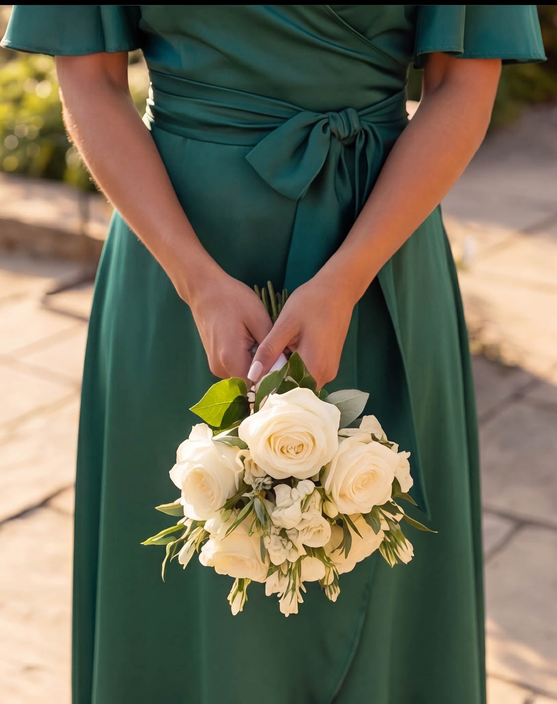 Dark Green Silk Wrap Dress with Flutter Sleeve