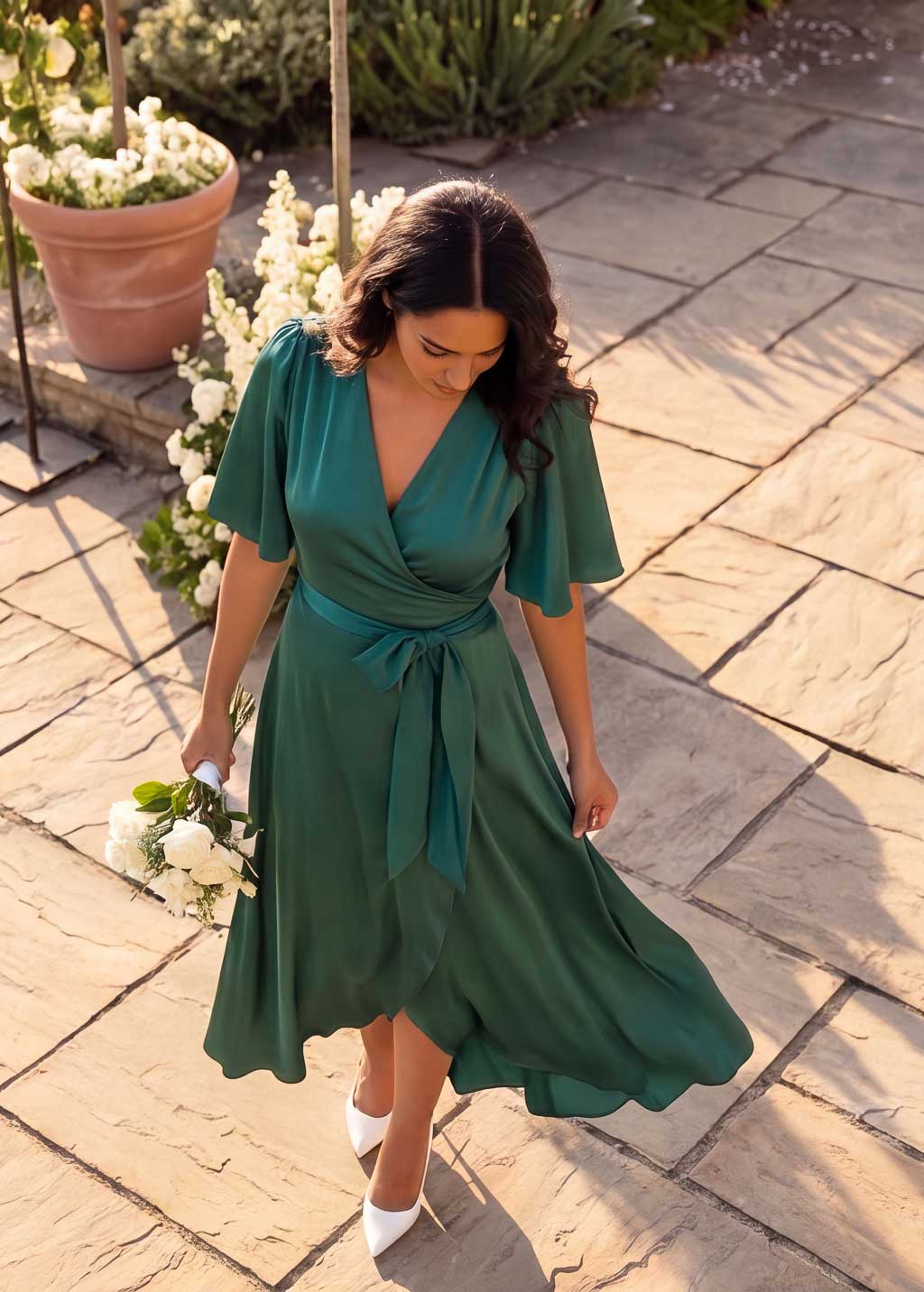 Dark Green Silk Wrap Dress with Flutter Sleeve