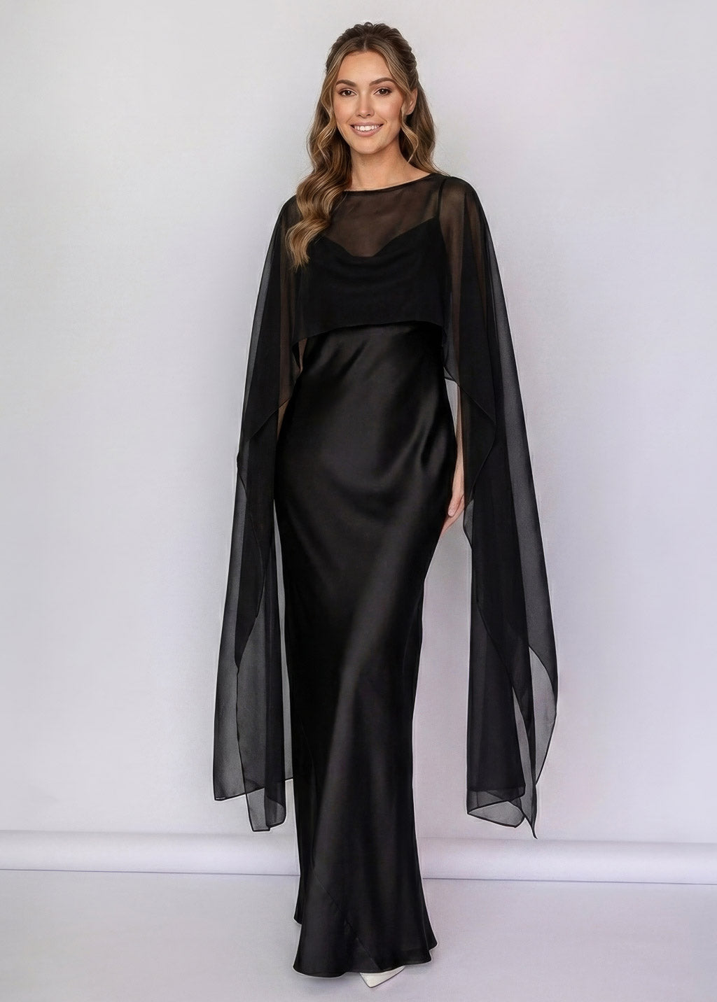 Black Bias Cut Silk Satin Dress with Chiffon Cape