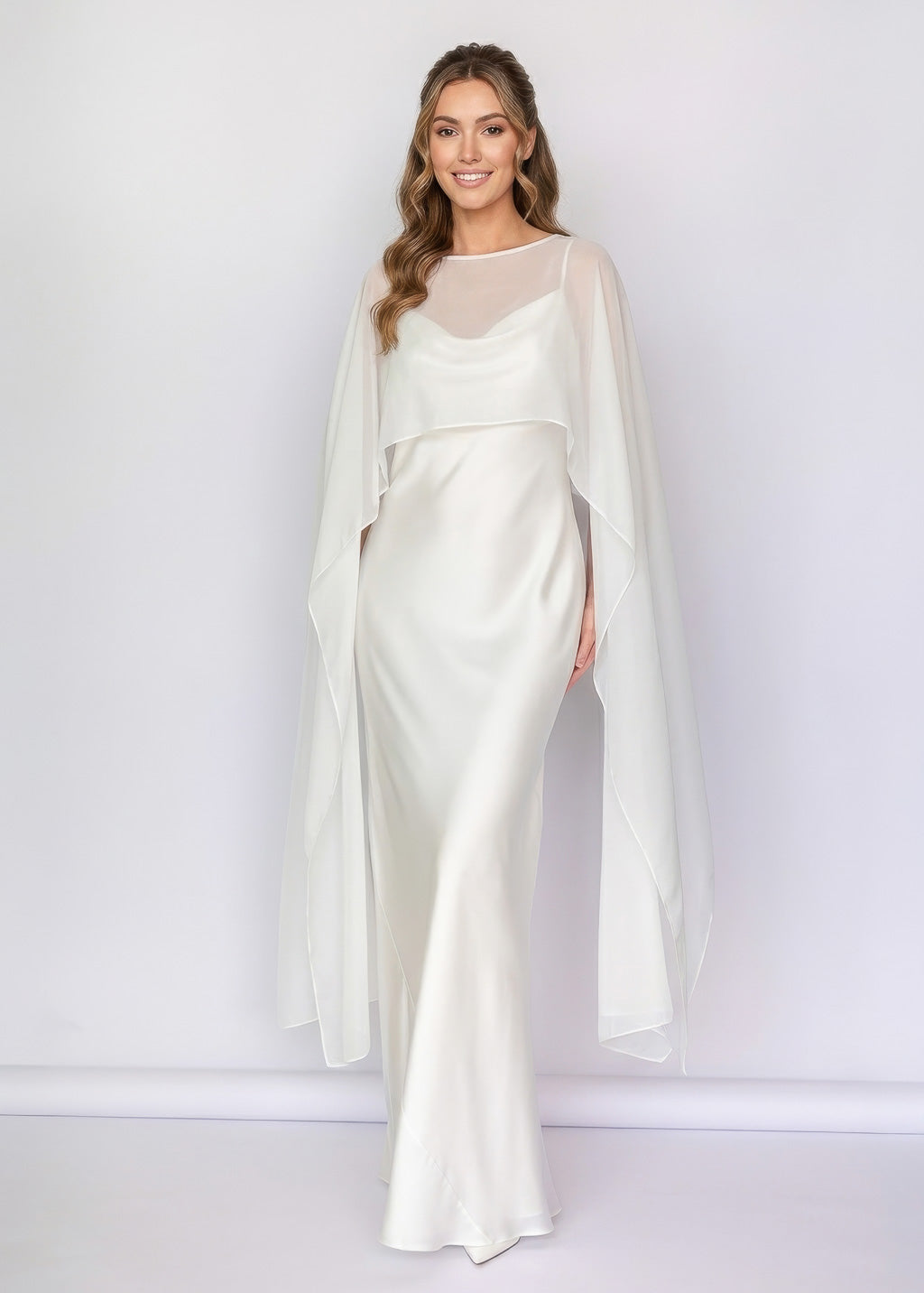 Black Bias Cut Silk Satin Dress with Chiffon Cape