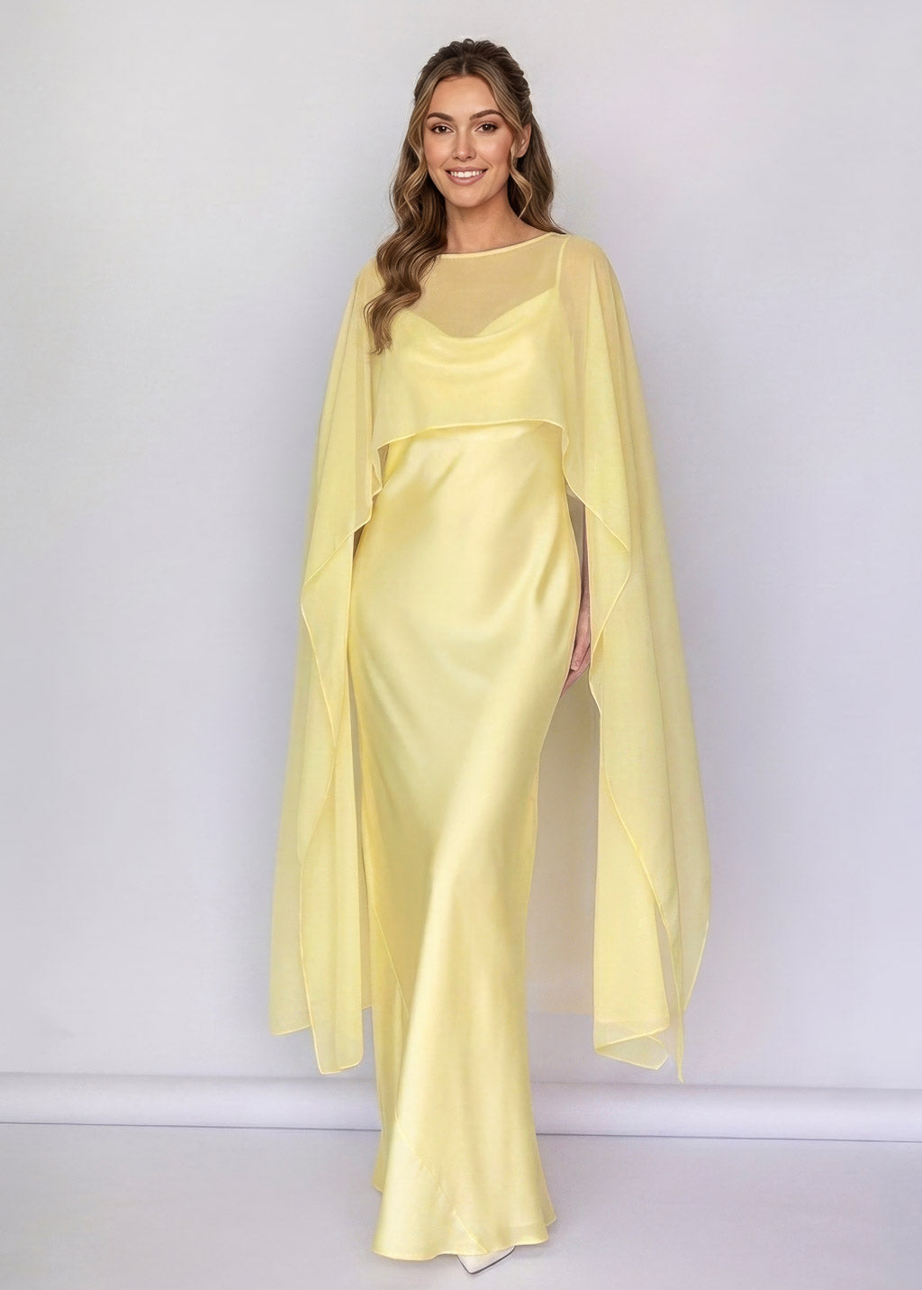 Black Bias Cut Silk Satin Dress with Chiffon Cape